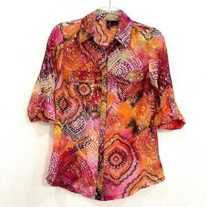 New Directions Blouse Geometric Print 3/4 Sleeve Button Down Semi-Sheer  - Small